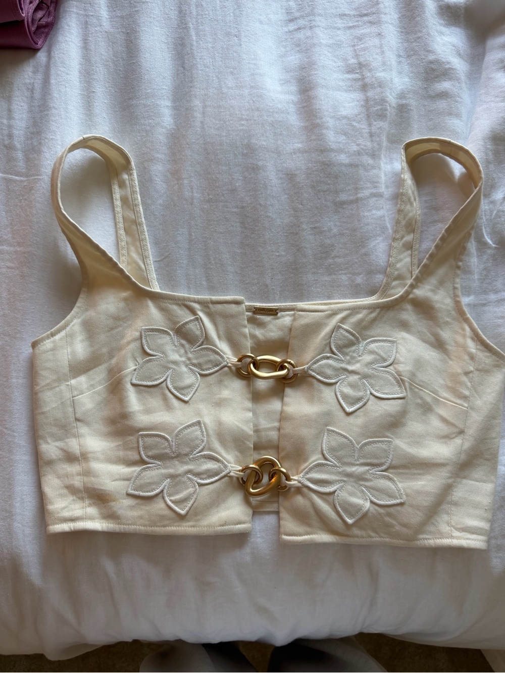 Cult Gaia Cream Embroidered Flower Front-Clip Crop Top